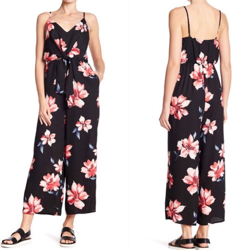NWOT Soprano Floral Wide Leg Jumpsuit Front Tie Sleeveless Black Sz S